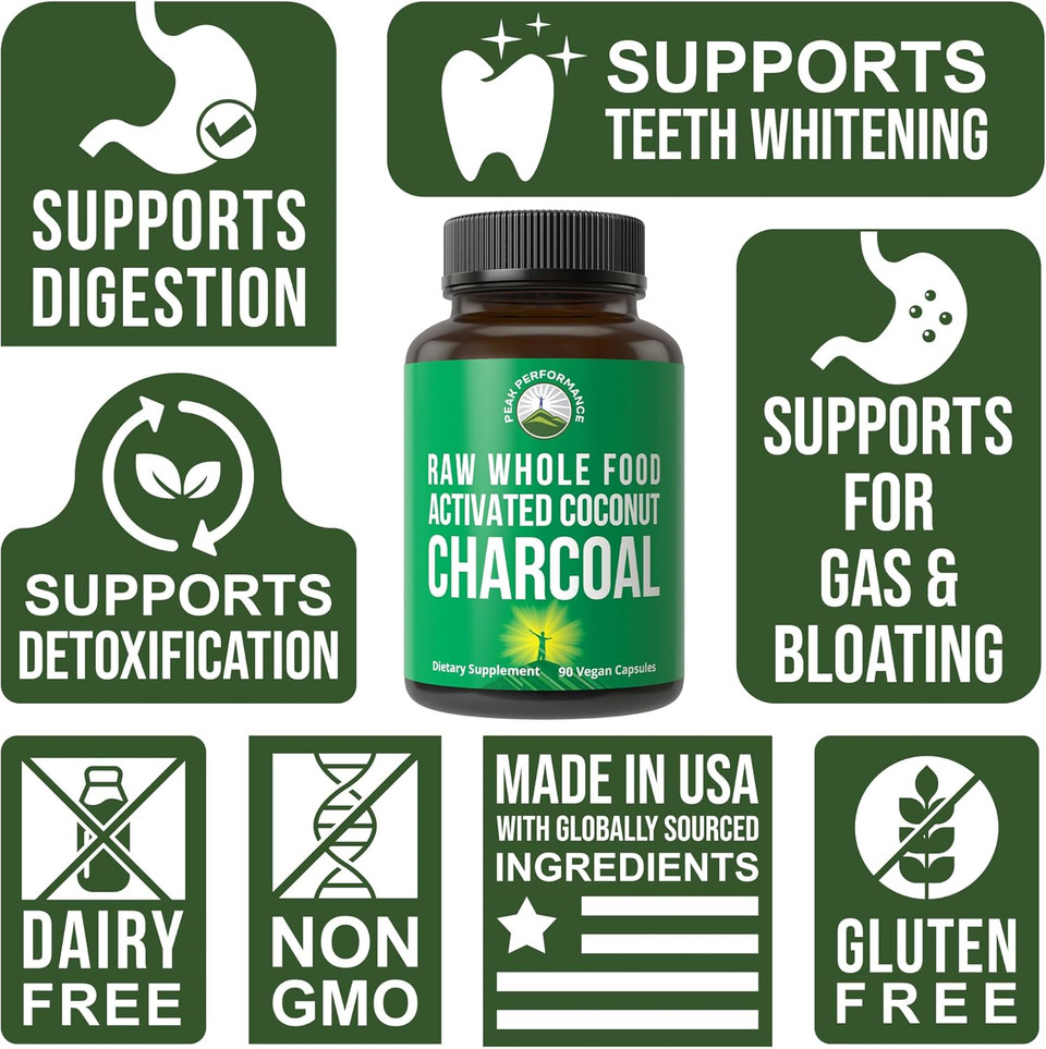 Peak Performance Activated Charcoal Vegan Capsules From Wild Harvested Coconut Shells. Best Safe Charcoal Pills Supplement For Detox, Gas Relief, Bloating. For Men And Women 90 All Natural Tablets