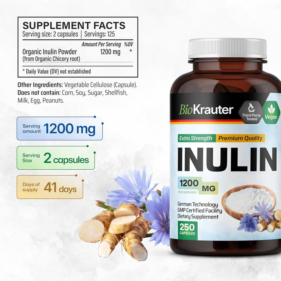 Bio Krauter Inulin Powder Capsules - 1200 Mg Strength - 250 Count - Pure Soluble Fiber Supplements - Chicory Root Fiber Capsules For Digestive Support - Vegan