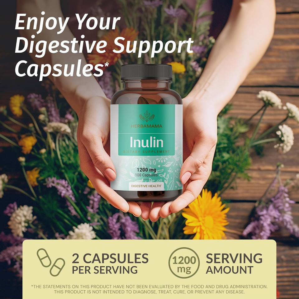 Herbamama Inulin Powder Capsules 1200Mg - Digestive Support & Gut Cleanse With Inulin Prebiotic Fiber - Vegan, Non-Gmo Chicory Root Powder Supplement, 100 Caps, 16-Day Supply