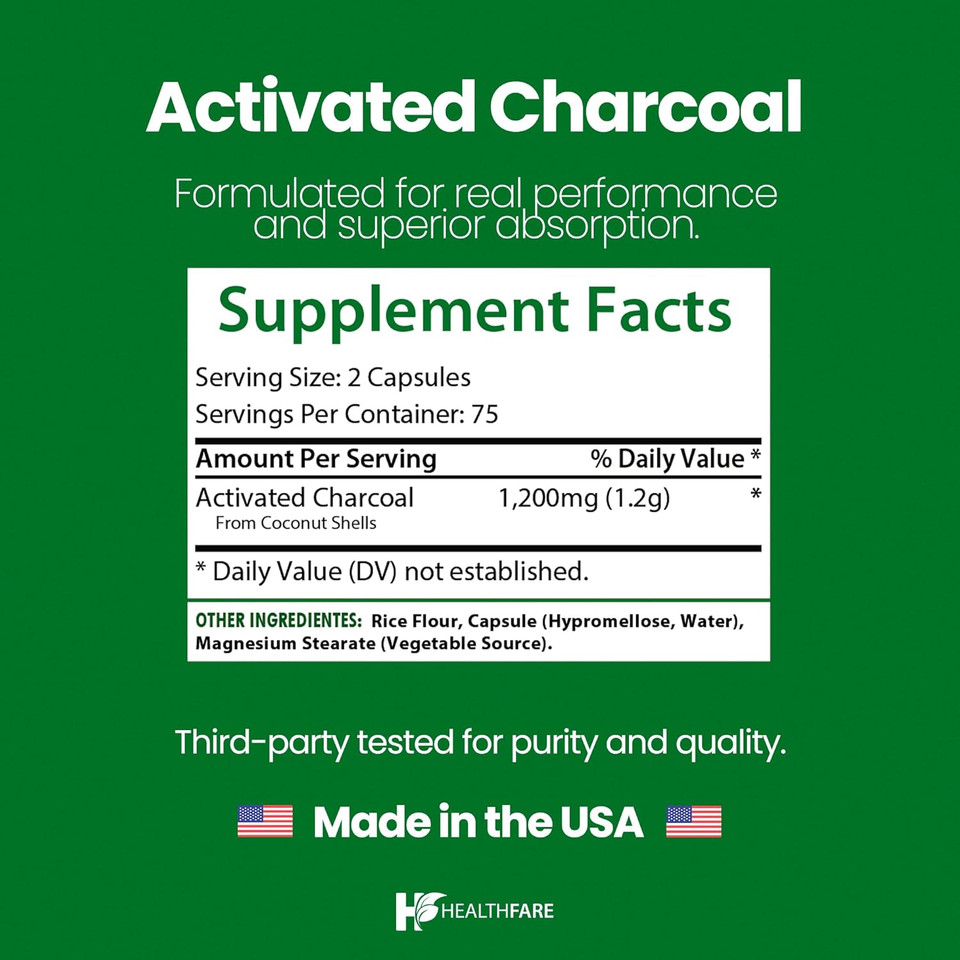 Activated Charcoal Capsules 1200 Mg | 150 Vegan Capsules | Coconut-Sourced Charcoal | Natural Internal Cleanse Support | Non-Gmo & Gluten-Free | Made In Usa