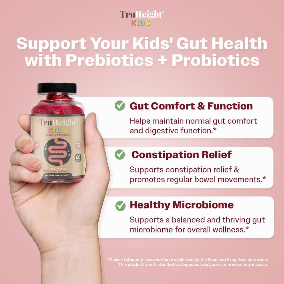 Truheight Kids Prebiotic & Probiotic Gummies Ages 2+ (Strawberry Flavor) Toddlers & Kids All Natural Supplement For Digestive Health, Gut & Constipation Relief - Endorsed By Pediatricians Vitamins