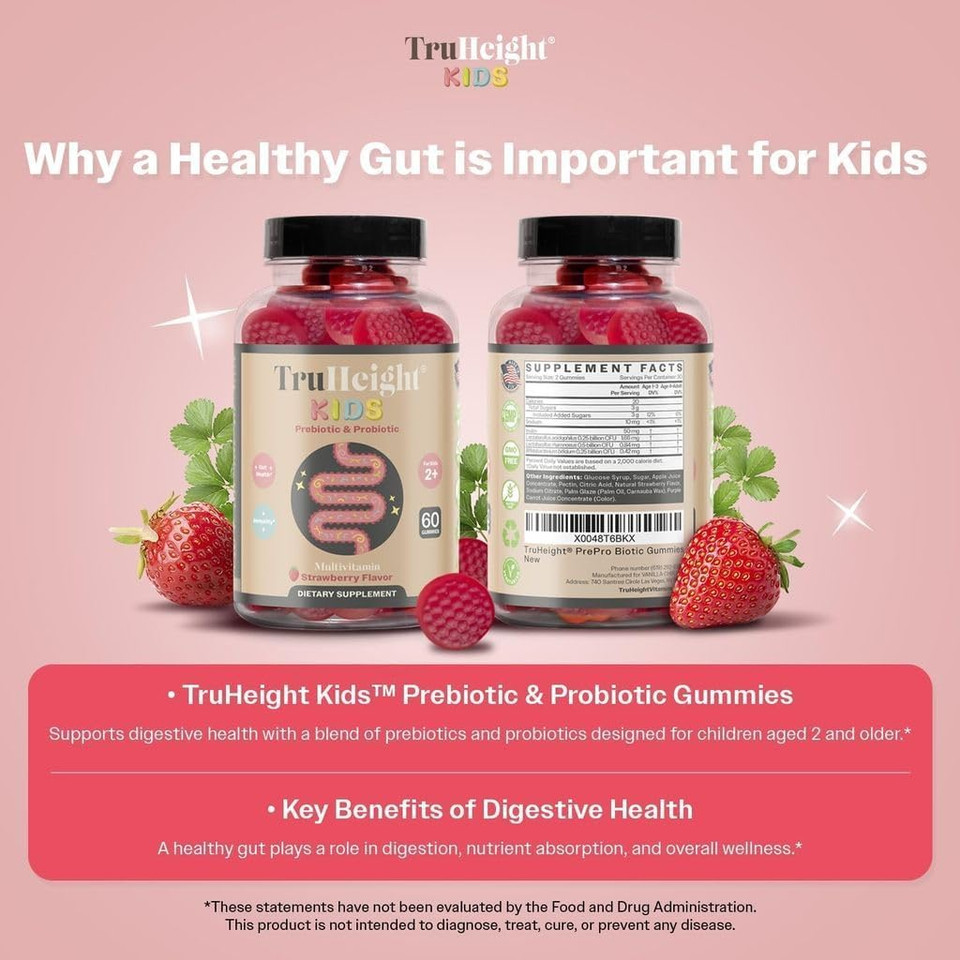 Truheight Kids Prebiotic & Probiotic Gummies Ages 2+ (Strawberry Flavor) Toddlers & Kids All Natural Supplement For Digestive Health, Gut & Constipation Relief - Endorsed By Pediatricians Vitamins