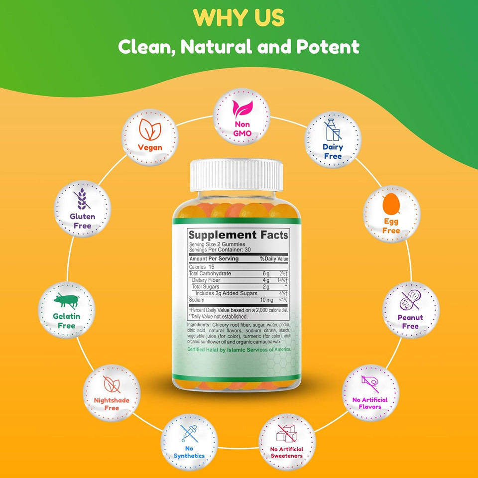 Halal & Gluten Free Fiber Gummies For Kids & Adults | 4G, 30-60 Servings | 60 Gummies | Improves Digestive Health, Immunity & Gut Health | Vegan Prebiotic | Non-Gmo, Gelatin-Free