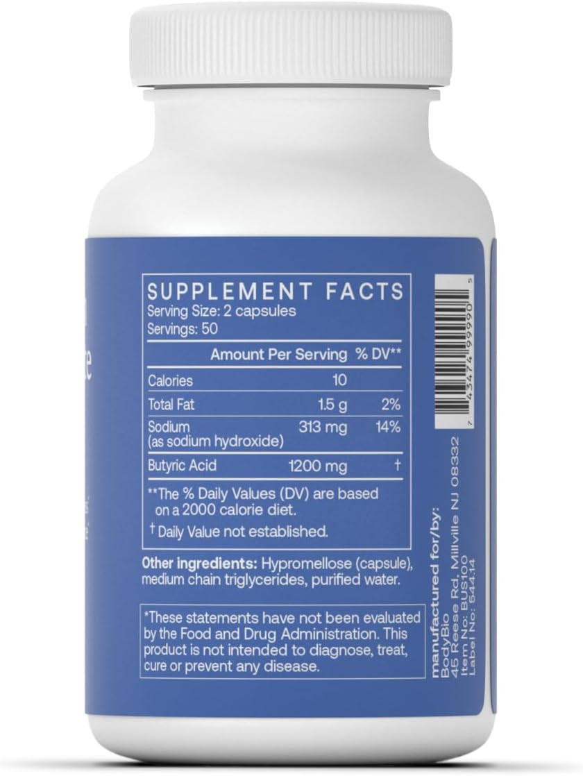 Bodybio Sodium Butyrate - Postbiotic For Gut Health, Leaky Gut Repair, Digestive Support, Bloating Relief, & Microbiome Balance - Butyric Acid Supplement For Gi Wellness
