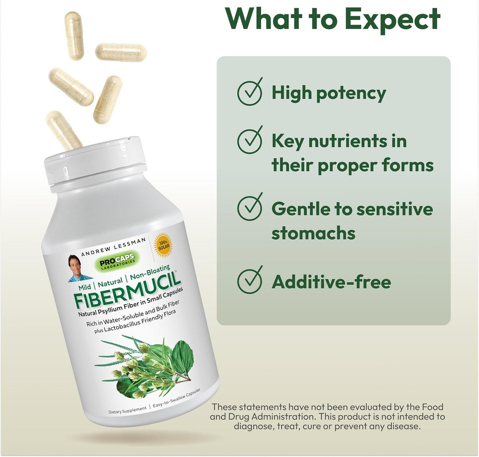 Andrew Lessman Fibermucil 180 Capsules -Psyllium Husk Powder. Gently Promotes Regularity And Digestive Health. Rich In Fiber. Gentle, Easy, Effective. No Additives. Small Easy To Swallow Capsules