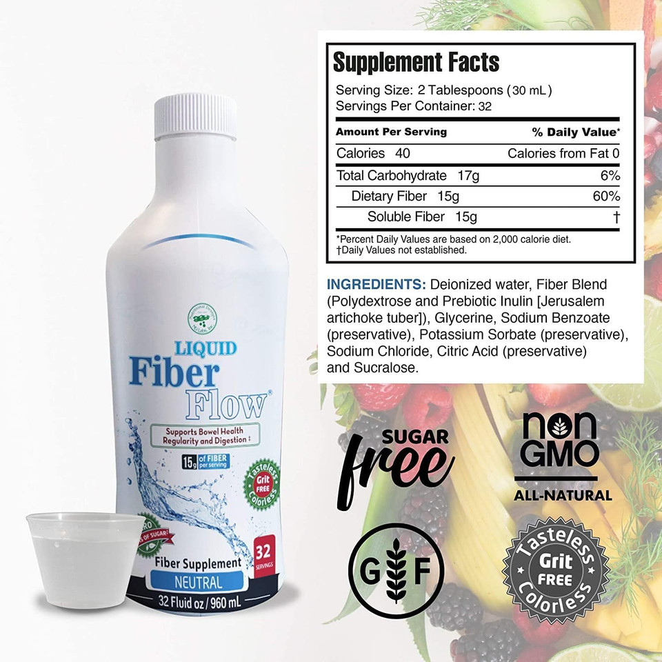 Nutritional Designs Liquid Fiber Flow, Gentle Daily Digestive Supplement For Constipation Relief & Gut Health, Sugar-Free, Natural Bowel Regularity For Healthy Intestinal Balance, Flavorless, 32 Fl Oz