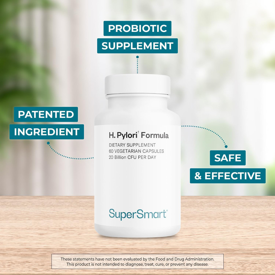 Supersmart H. Pylori Formula 20 Billion Cfu Per Day (High Potency) - Patented Pylopass Probiotic Lactobacillus Reuteri Dsm 17648 Supplement | Non-Gmo & Gluten Free - 60 Vegetarian Capsules