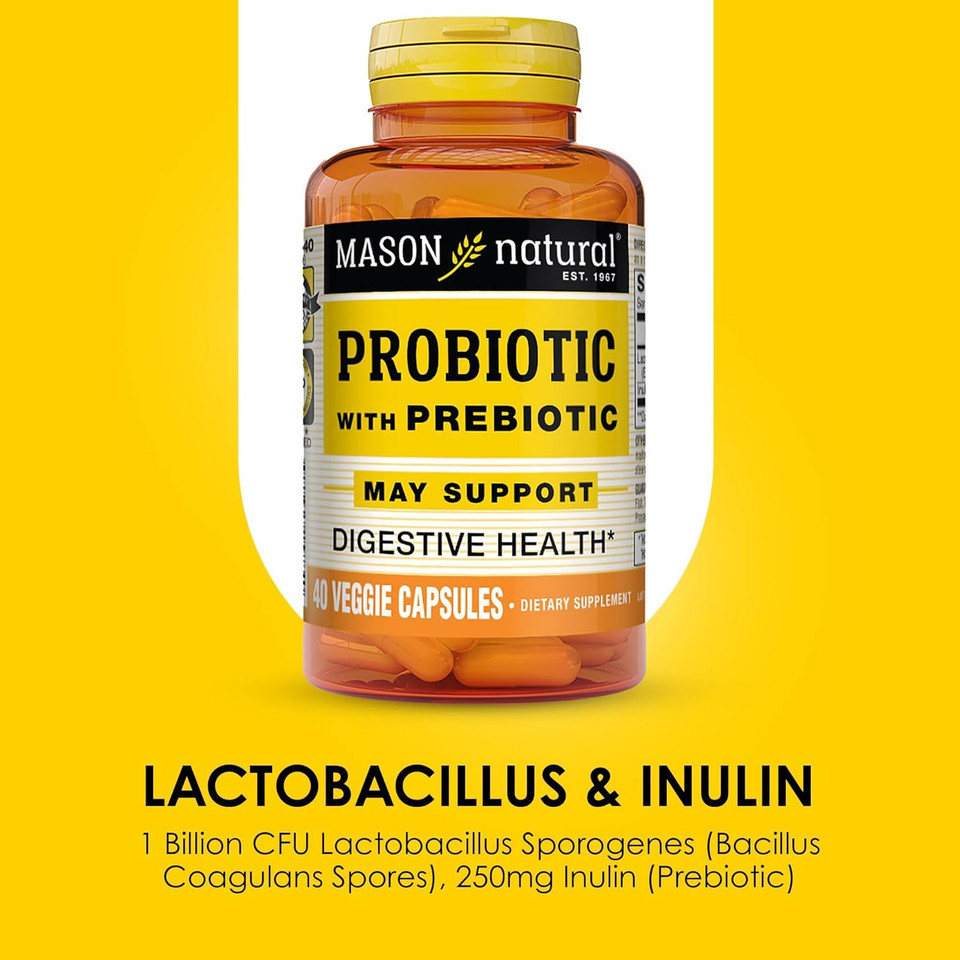 Mason Natural Probiotic With Prebiotic, 40 Day Supply For Normal Digestive Function & Improved Gut Health, 40 Veggie Capsules