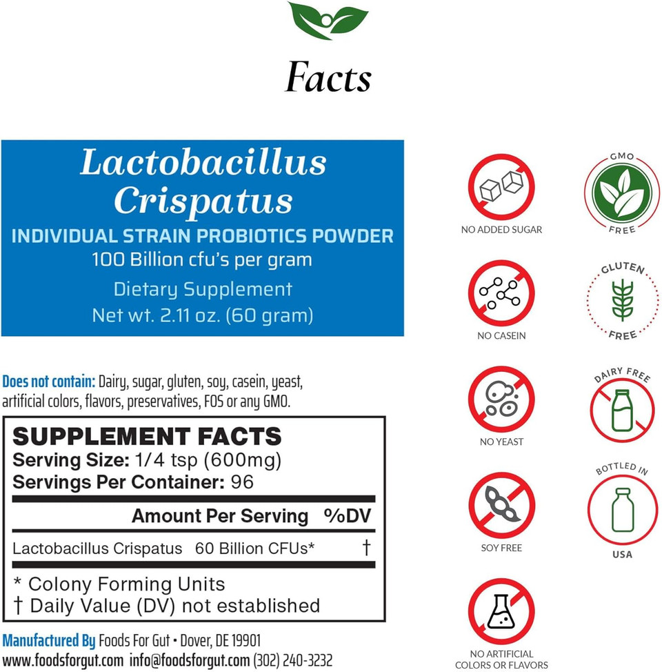 Lactobacillus Crispatus Probiotic Powder 100 Billion Cfu'S | No Additives | Digestive & Immune Support | High Potency | L. Crispatus | (60 Gram)
