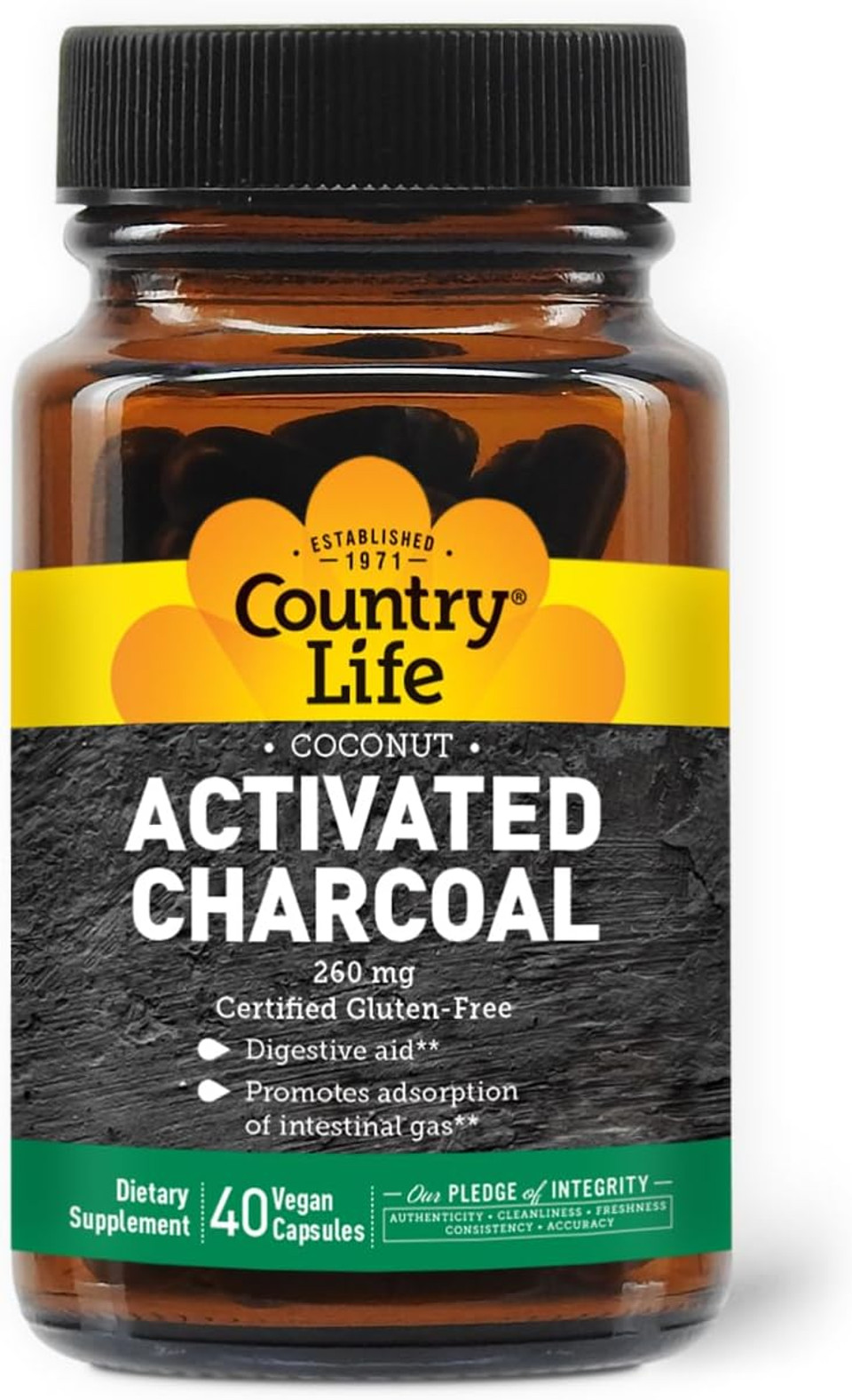 Country Life Activated Organic Coconut Charcoal Capsules, 260Mg  Natural Charcoal Supplement For Gas And Bloating Relief, Gluten-Free, 180 Vegan Capsules
