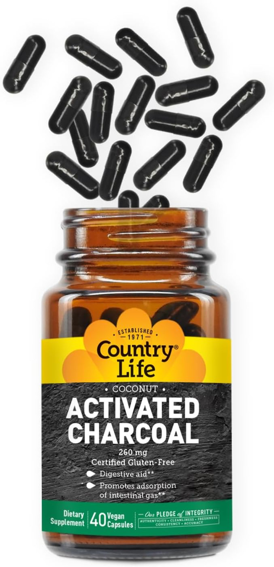 Country Life Activated Organic Coconut Charcoal Capsules, 260Mg  Natural Charcoal Supplement For Gas And Bloating Relief, Gluten-Free, 180 Vegan Capsules