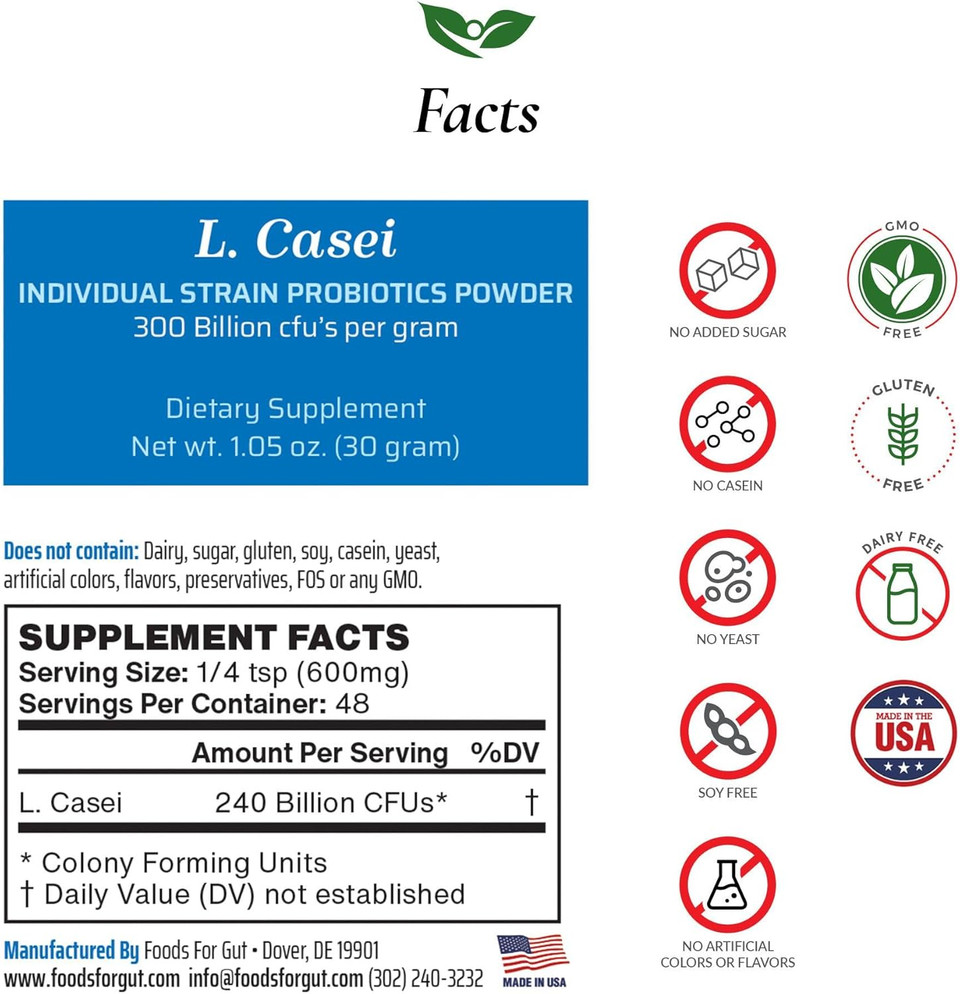 Lactobacillus Casei Probiotic Powder 300 Billion Cfu'S | Made In Usa | No Additives | Digestive & Immune Support | High Potency | L. Casei | 60 Grams (2.11 Oz)