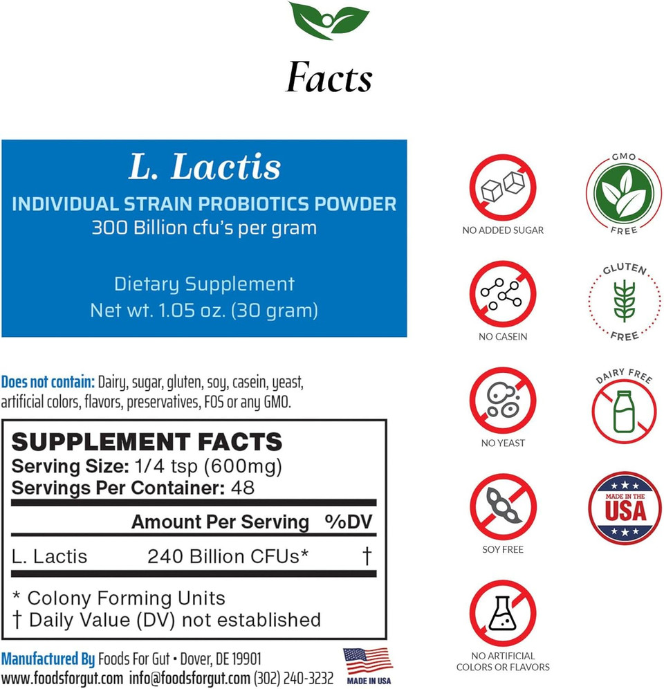 Lactobacillus Lactis Probiotic Powder 300 Billion Cfu'S | Made In Usa | No Additives | Digestive & Immune Support | High Potency | L. Lactis | 30 Grams (1.05 Oz)
