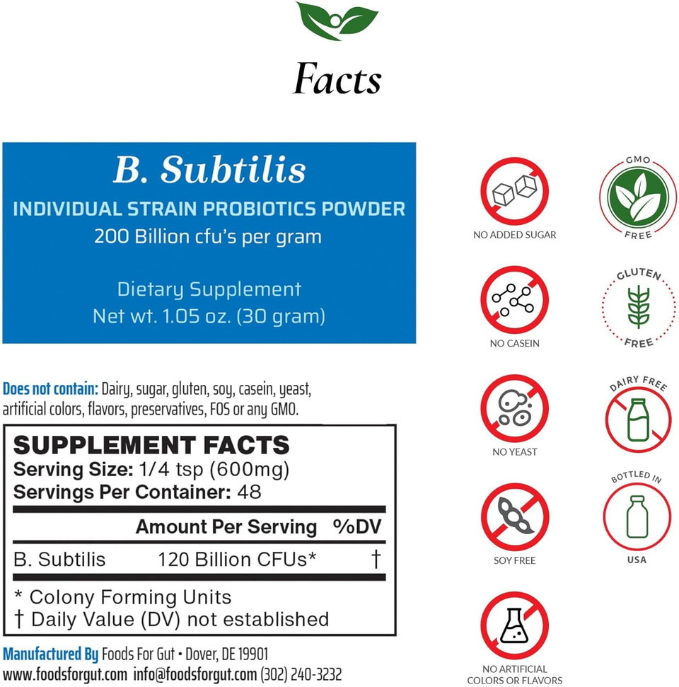 Bacillus Subtilis Probiotic Powder 200 Billion Cfu'S | No Additives | Digestive & Immune Support | High Potency | B. Subtilis | 30 Gram (1.05 Oz)