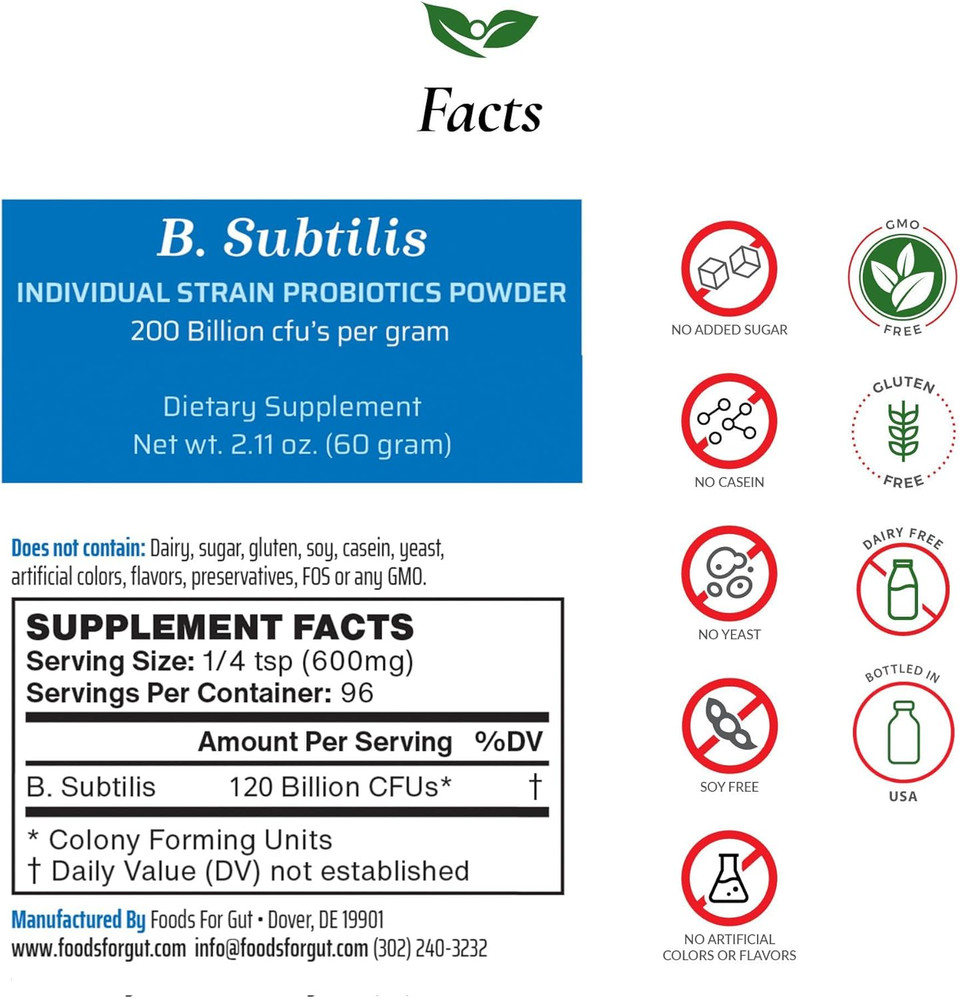 Bacillus Subtilis Probiotic Powder 200 Billion Cfu'S | No Additives | Digestive & Immune Support | High Potency | B. Subtilis | 60 Gram (2.11 Oz)
