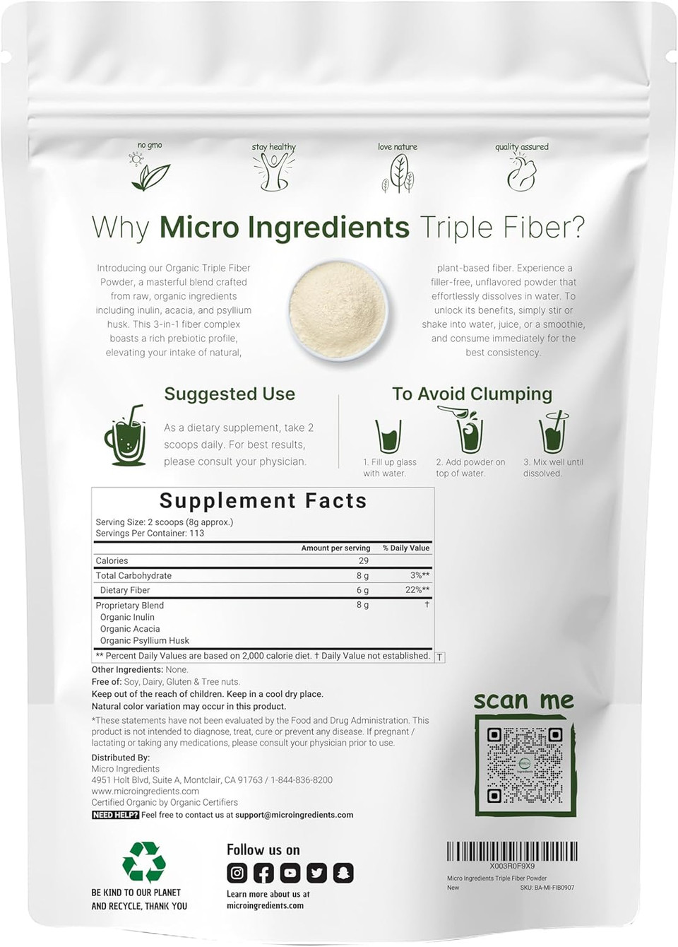 Micro Ingredients Organic Inulin Fiber Powder, 2Lb | Natural Prebiotic To Support Digestive & Gut Health | Soluble, Easily Digestible | Unflavored, Vegan