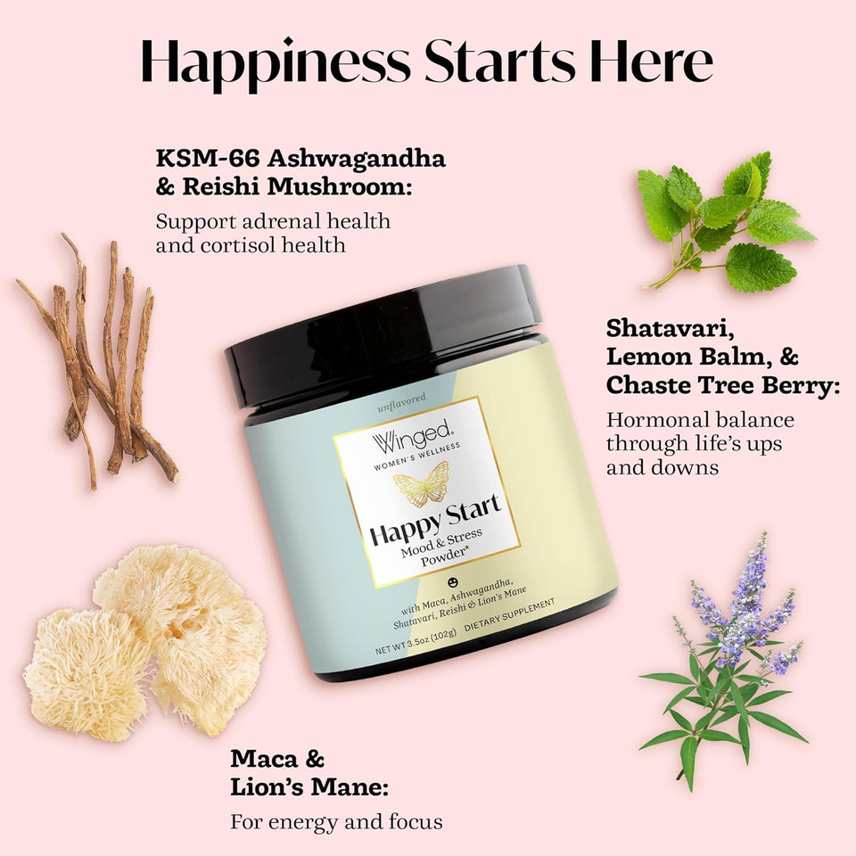Winged Wellness Happy Start, Mood Boosting Drink Mix Powder For Women - Happy Mind & Hormonal Health, Mood Support Supplement With Red Maca, Ashwagandha, Mushrooms & More - Chocolate, 30 Servings