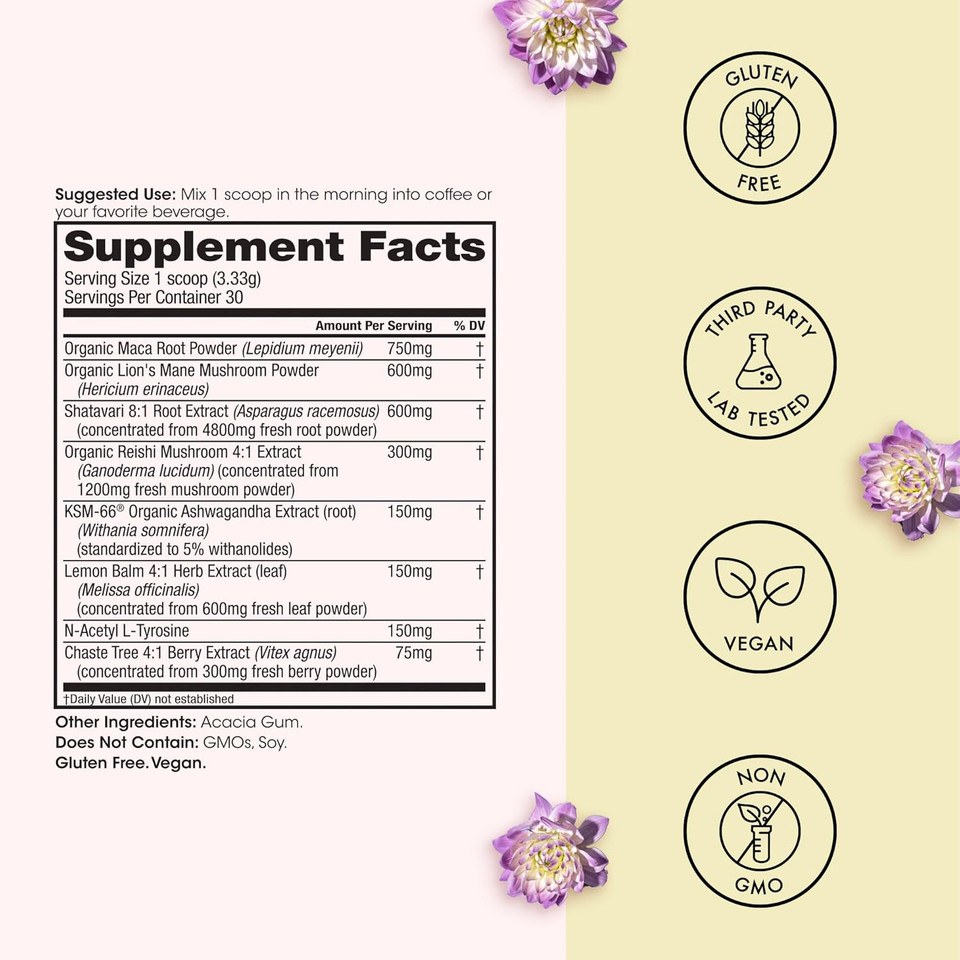 Winged Wellness Happy Start, Mood Boosting Drink Mix Powder For Women - Happy Mind & Hormonal Health, Mood Support Supplement With Red Maca, Ashwagandha, Mushrooms & More - Chocolate, 30 Servings