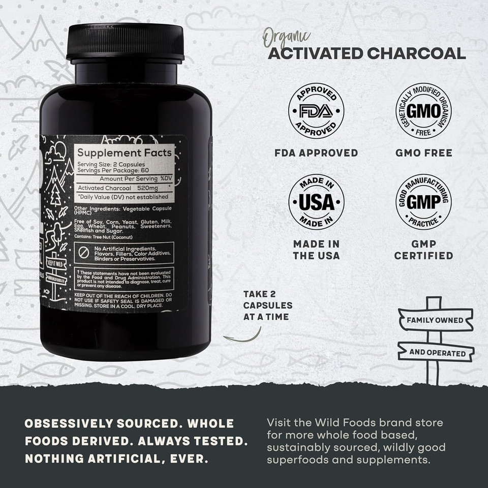 Wild Foods Activated Charcoal Capsules | 100% Organic Coconut Shells Active Tablets For Bloating & Hangover | Lab Tested & Non-Gmo Detox Pills | Made In Usa (120 Capsules)