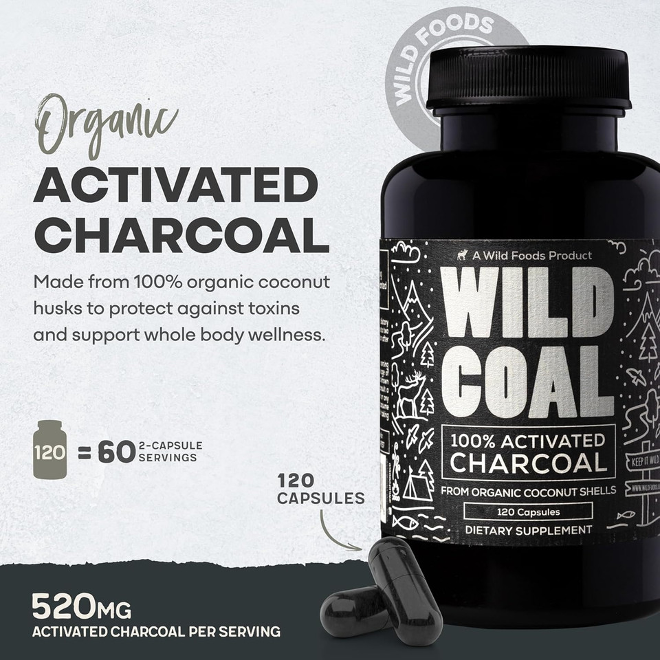 Wild Foods Activated Charcoal Capsules | 100% Organic Coconut Shells Active Tablets For Bloating & Hangover | Lab Tested & Non-Gmo Detox Pills | Made In Usa (120 Capsules)