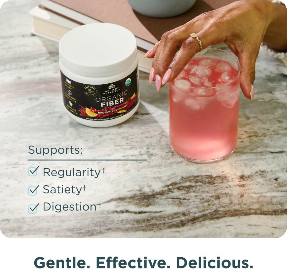 Ancient Nutrition Organic Fiber Powder, Raspberry Lemonade, Soluble Fiber From Acacia & Konjac Root, Supports Digestive Health, Reduces Bloating, 6.5 Oz