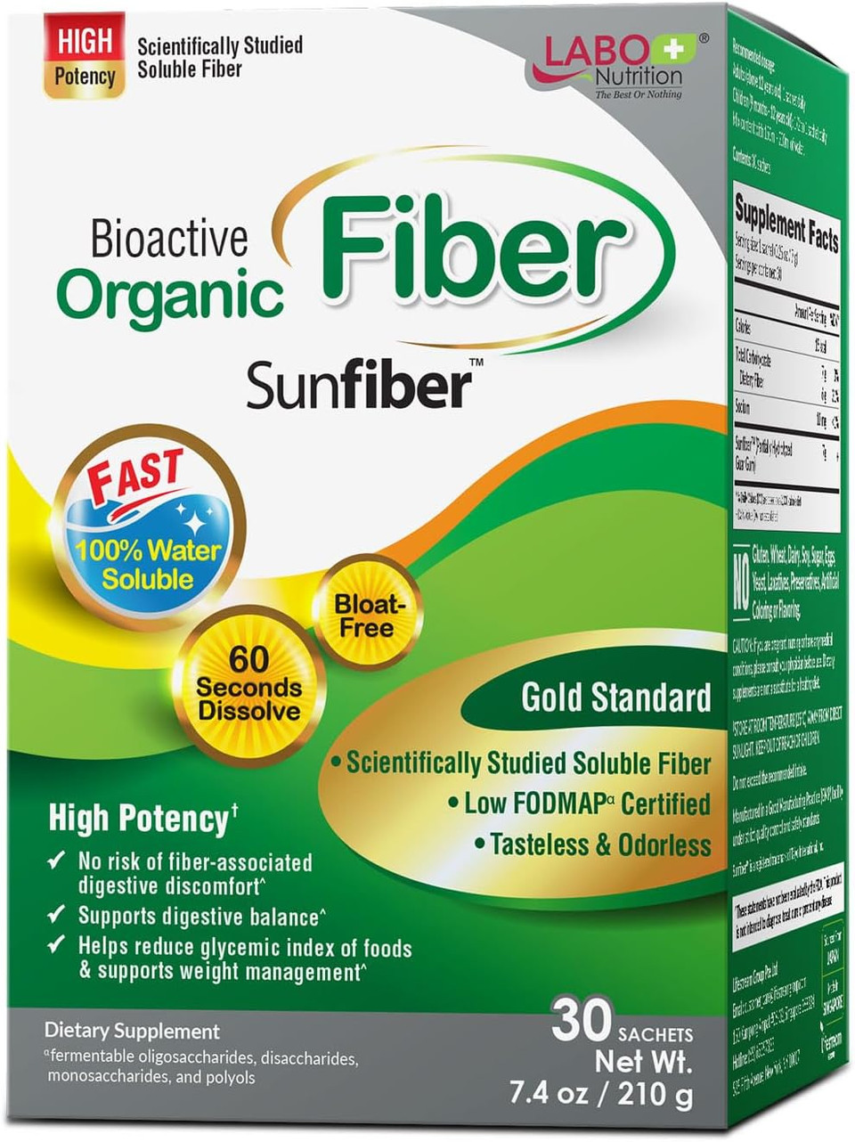 Labo Nutrition Bioactive Organic Fiber  Sunfiber Phgg Soluble Prebiotic Fiber For Digestive Regularity & Gut Health  Partially Hydrolyzed Guar Gum, Low Fodmap, Unflavored, Vegan, Non-Gmo, 30 Sachets