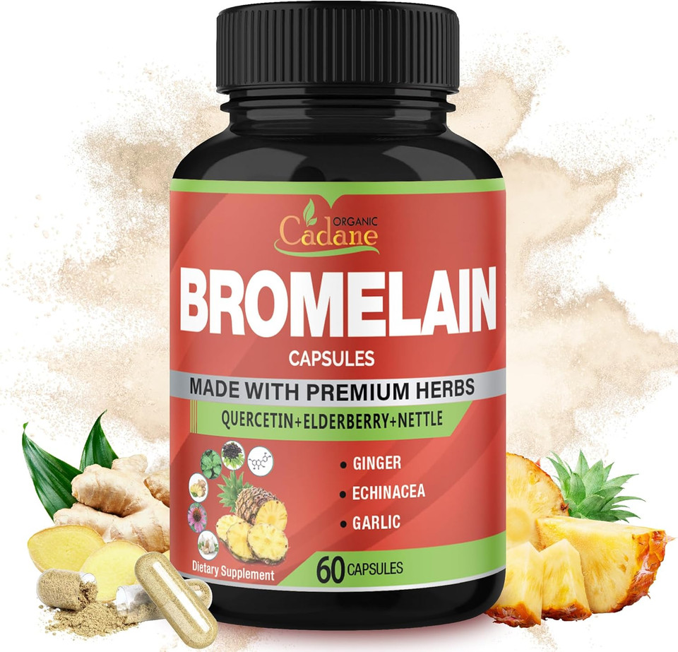 Organic Cadane Bromelain Extract Capsules, 8In1 With Quercetin, Elderberry, Nettle, Ginger, Echinacea, Garlic, Black Pepper - Support Digestion Health & Immune System - 60 Capsules