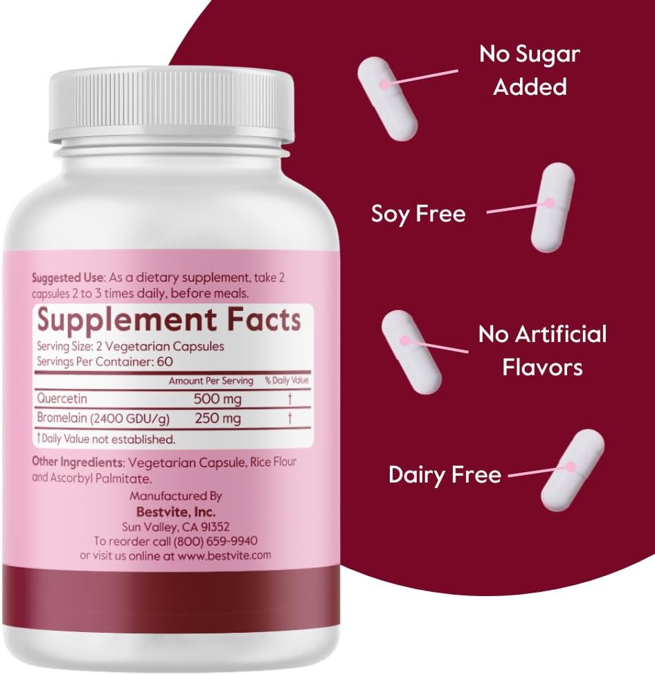 Bestvite Quercetin With Bromelain 500Mg/250Mg (240 Vegetarian Capsules) (120 X 2) - No Stearates - No Silicon Dioxide - Vegan - Non Gmo - Gluten Free