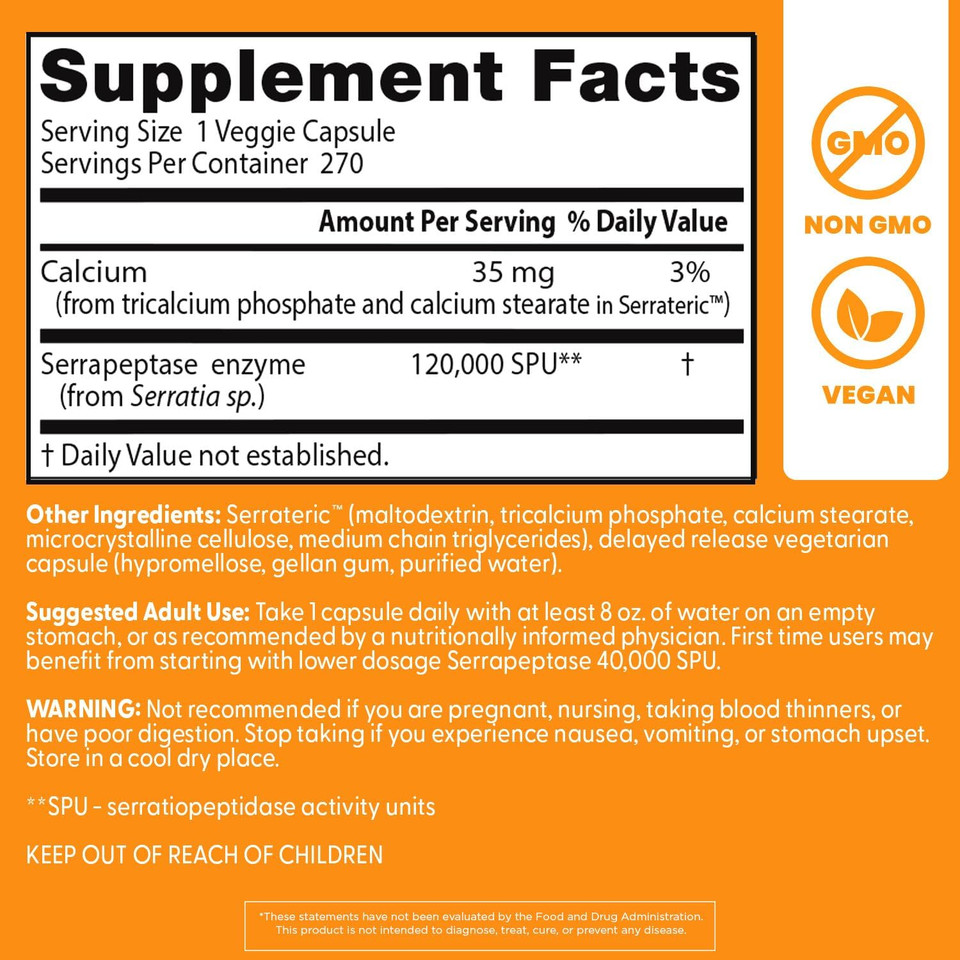 Doctors Best High Potency Serrapeptase, Supports Sinus Health, Non-Gmo, Vegan 270 Veggie Caps