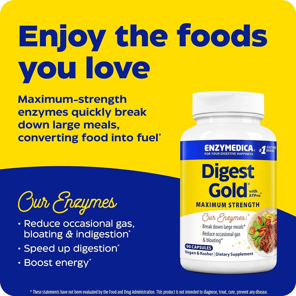 Enzymedica - Digest Gold With Atpro, Daily Digestive Support Supplement With Enzymes And Atp, 180 Capsules