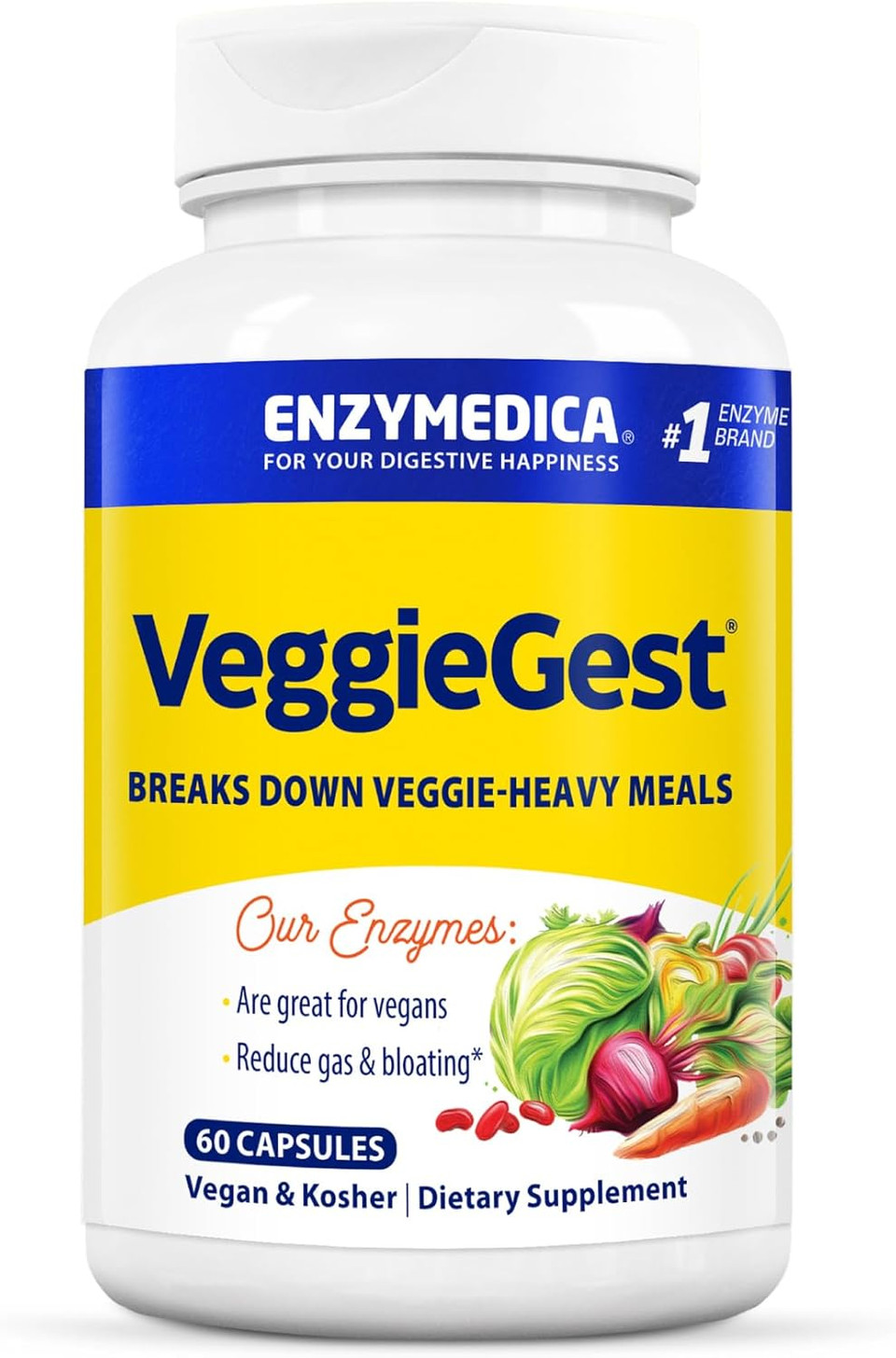 Enzymedica Veggiegest, Digestive Enzymes For Vegan, Vegetarian And Raw Diets, Prevents Gas And Bloating, 60 Count