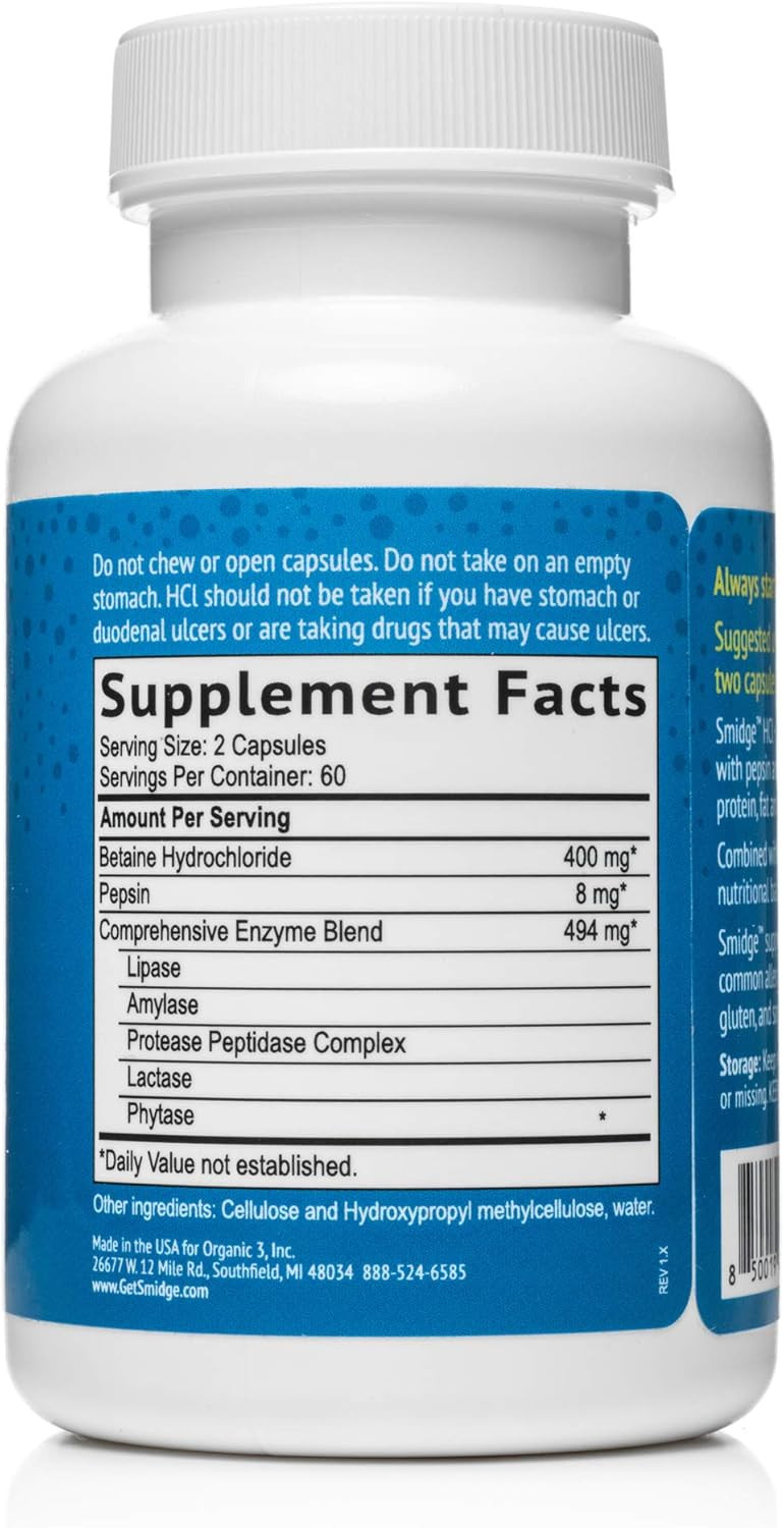 Smidge Hcl + Enzymes  Digestion  120 Capsules