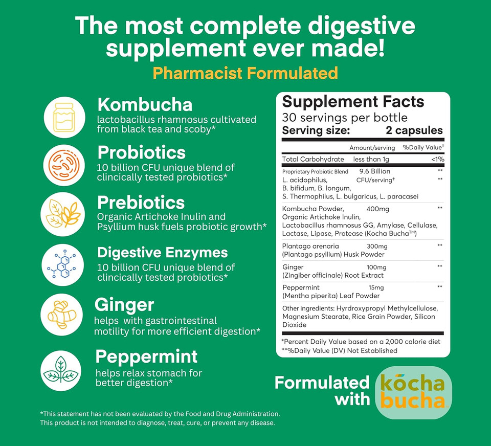 A Dose Of Digestive Balance-Gut Health Supplement-Usda-Kombucha, 7 Probiotic Strains And Prebiotics For Microbiome-Digestive Enzymes For Digestion-Bloating Relief For Women And Men