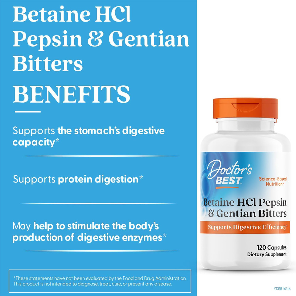 Doctor'S Best Betaine Hci Pepsin & Gentian Bitters, Digestive Enzymes For Protein Breakdown & Absorption, Non-Gmo, Gluten Free, 120 Caps, Original Version