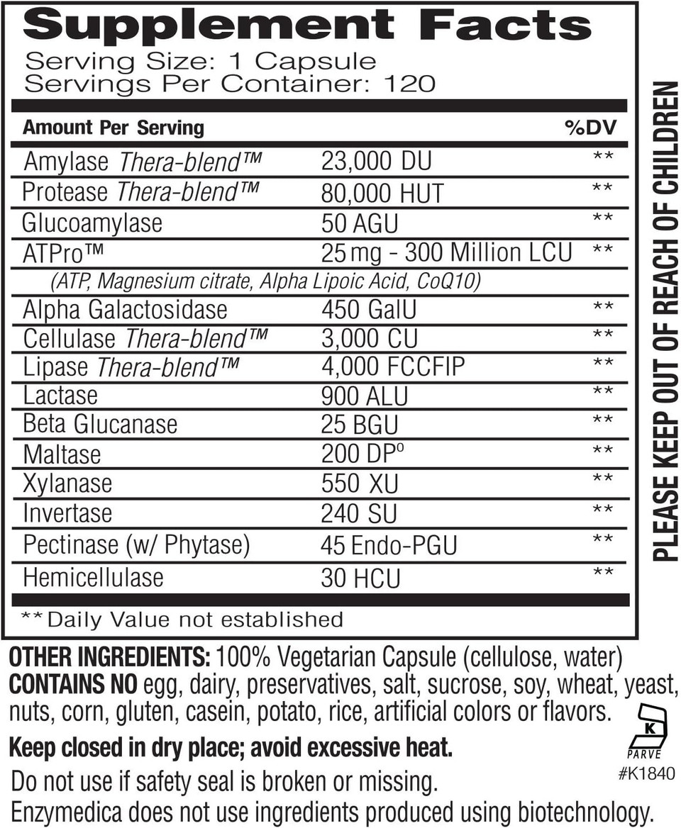 Enzymedica Digest Gold + Atpro, Maximum Strength Enzyme Formula, 14 Key Enzymes Including Amylase, Protease, Lipase And Lactase, 120 Capsules