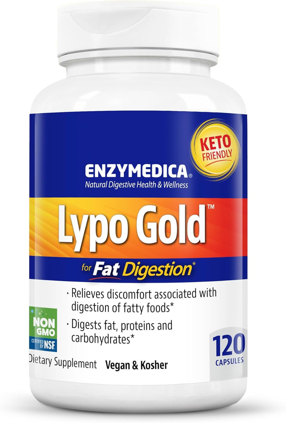 Enzymedica Lypo Gold, Digestive Enzymes For Fat Digestion, Offers Fast Acting Gas & Bloating Relief, 120 Count