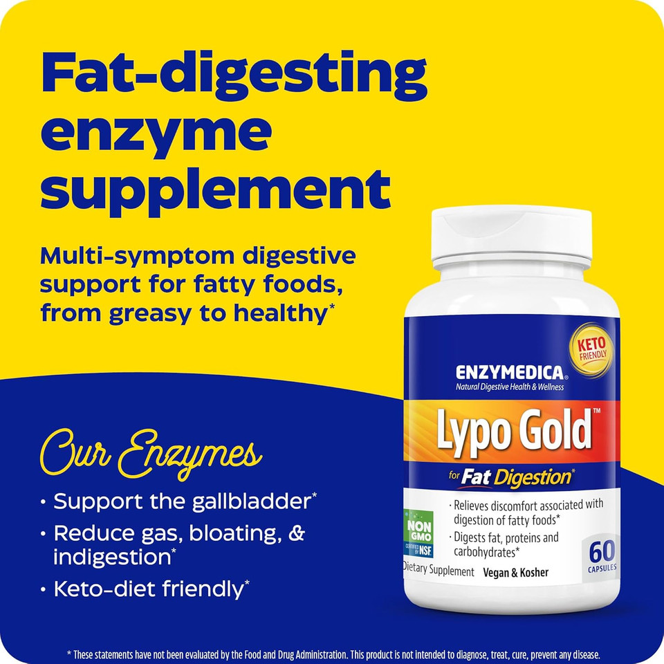 Enzymedica Lypo Gold, Digestive Enzymes For Fat Digestion, Offers Fast Acting Gas & Bloating Relief, 60 Count