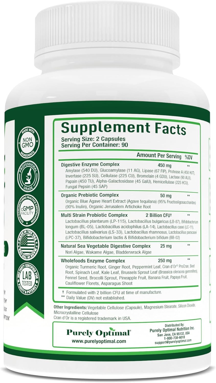 Purely Optimal Digestive Enzyme Supplement - Comprehensive Gut Health Support With 12 Enzymes, Probiotics & Prebiotics - Relief For Bloating, Gas & Digestive Discomfort - 180 Capsules