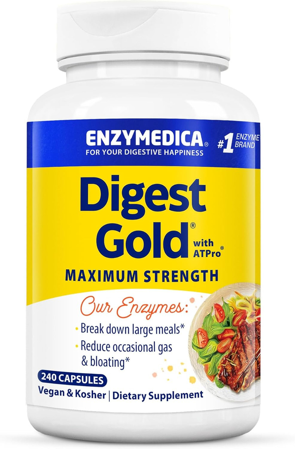 Enzymedica Digest Gold + Atpro, Maximum Strength Digestive Enzymes, Helps Digest Large Meals, For Gas And Bloating, 240 Capsules