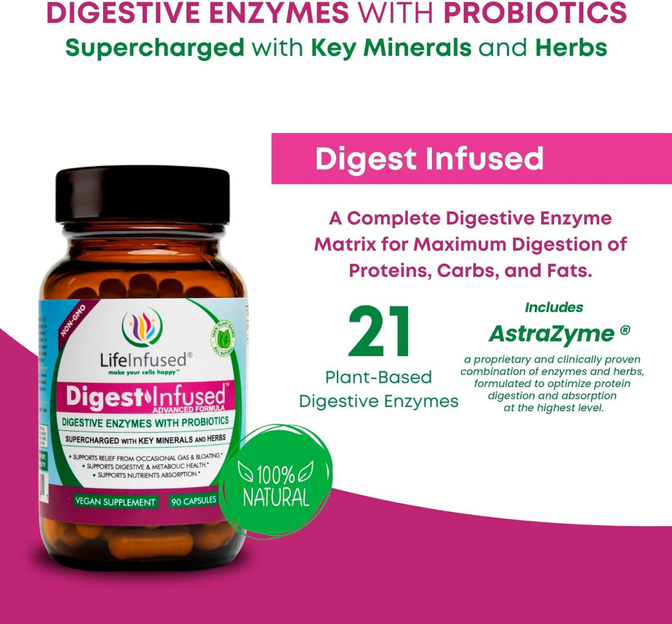 Life Infused - Premium Digestive Enzyme Supplements - 21 Plant-Based Enzymes, Proteases, Bromelain, Amylase, Papain - Probiotics, 72 Key Minerals & Herbs - Ease Gas & Bloating. 90 Servings