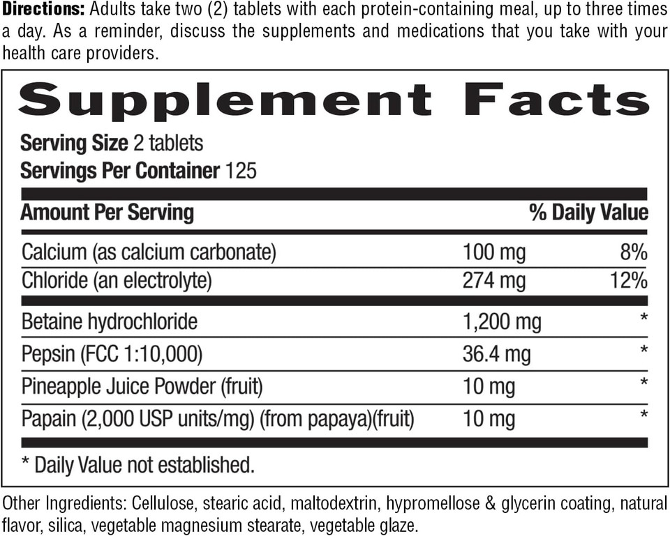 Country Life Betaine Hydrochloride With Pepsin 600 Mg - 250 Tablets