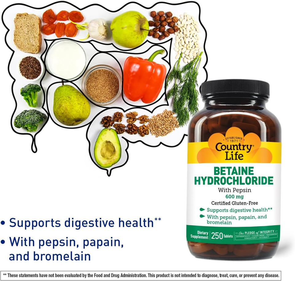Country Life Betaine Hydrochloride With Pepsin 600 Mg - 250 Tablets
