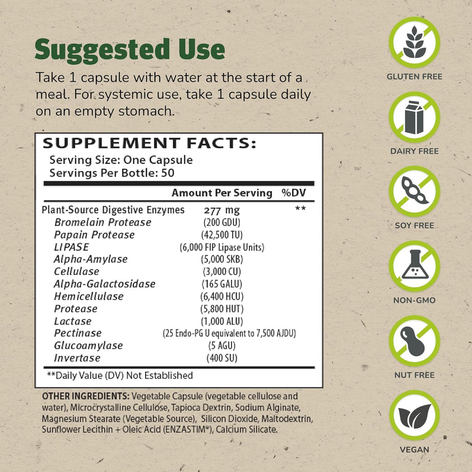 Master Supplements Enzalase - 50 Capsules - Probiotic Compatible Enzymes - Provides Digestive Boost + Gas & Bloating Relief - Gluten Free - 50 Servings