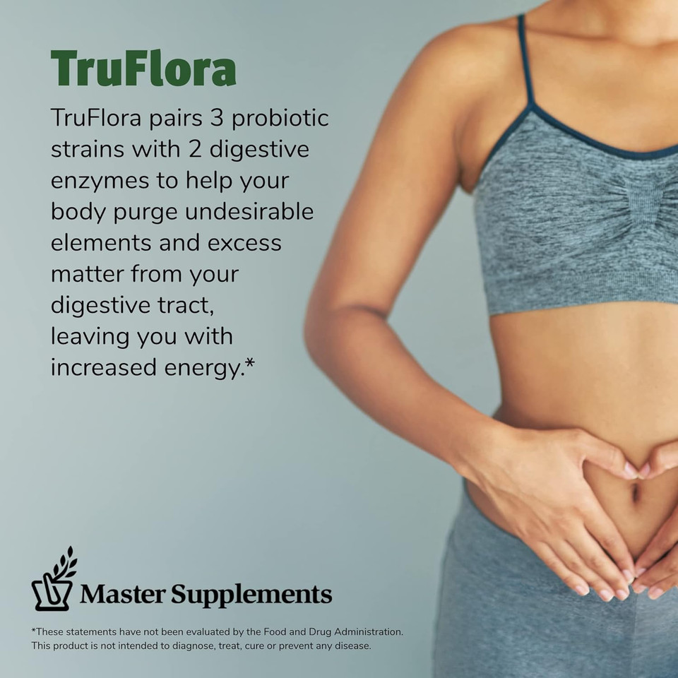 Master Supplements Truflora - 32 Capsules - Blend Of Probiotics & Enzymes - Promotes Optimal Gut Health & Boosts Energy - Gluten Free - 32 Servings