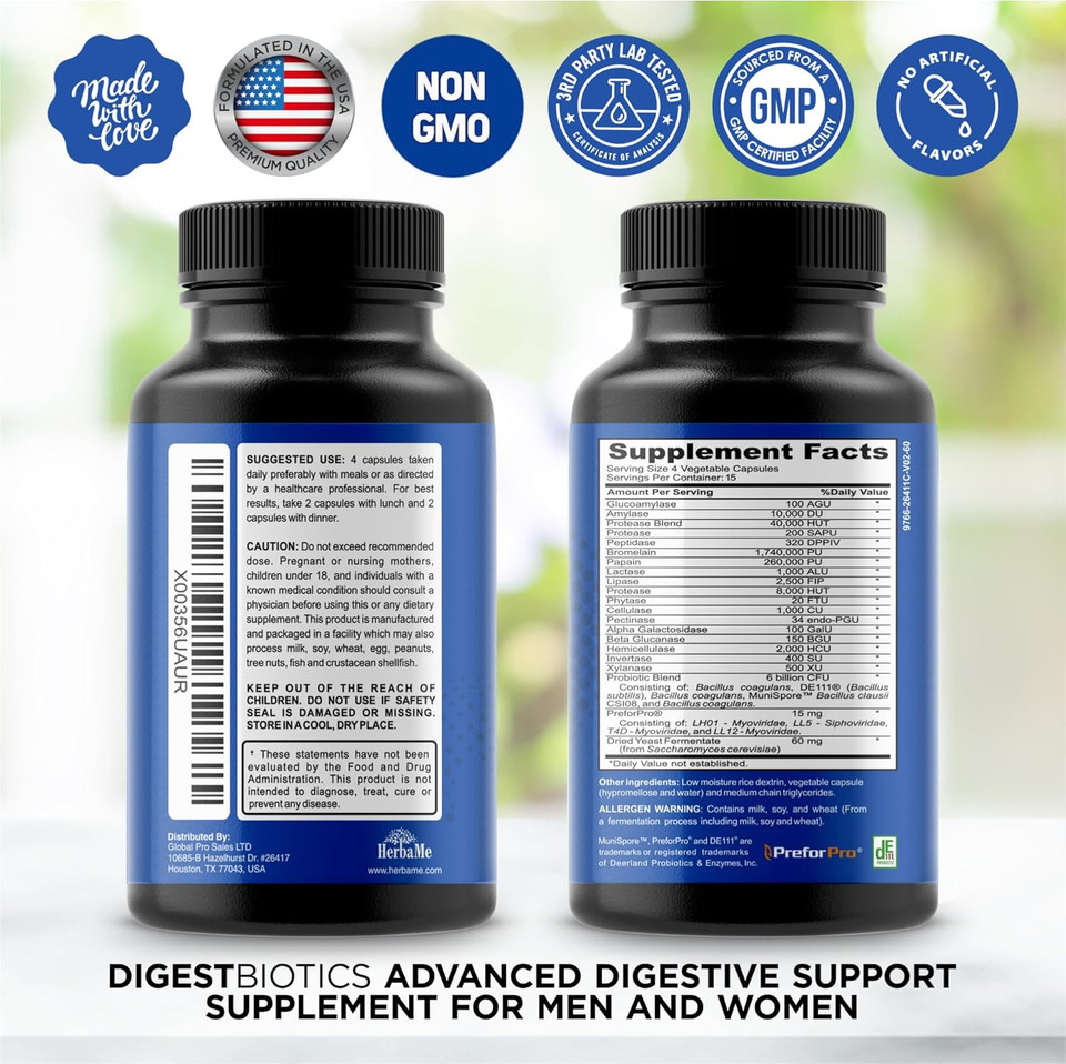 Digestive Enzymes With Probiotics And Prebiotics, Postbiotics, 60 Capsules, Support Digestive Health And Intestinal Tract, Promotes Immune System