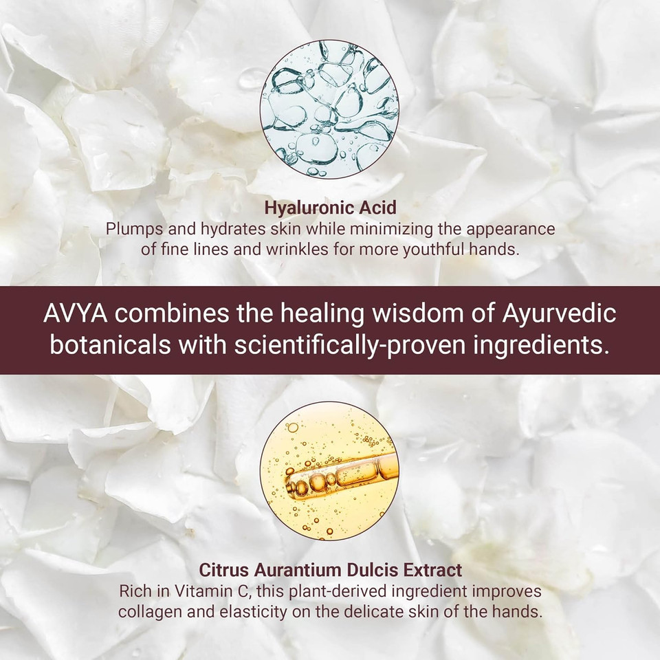 Avya Hydrating Hand Lotion For Dry Skin  Nourishing Hand Healing Treatment For Dry And Ashy Skin/Hyaluronic Acid And Citrus Stem Cell Technology/Advanced Ayurvedic Skincare (2Oz)