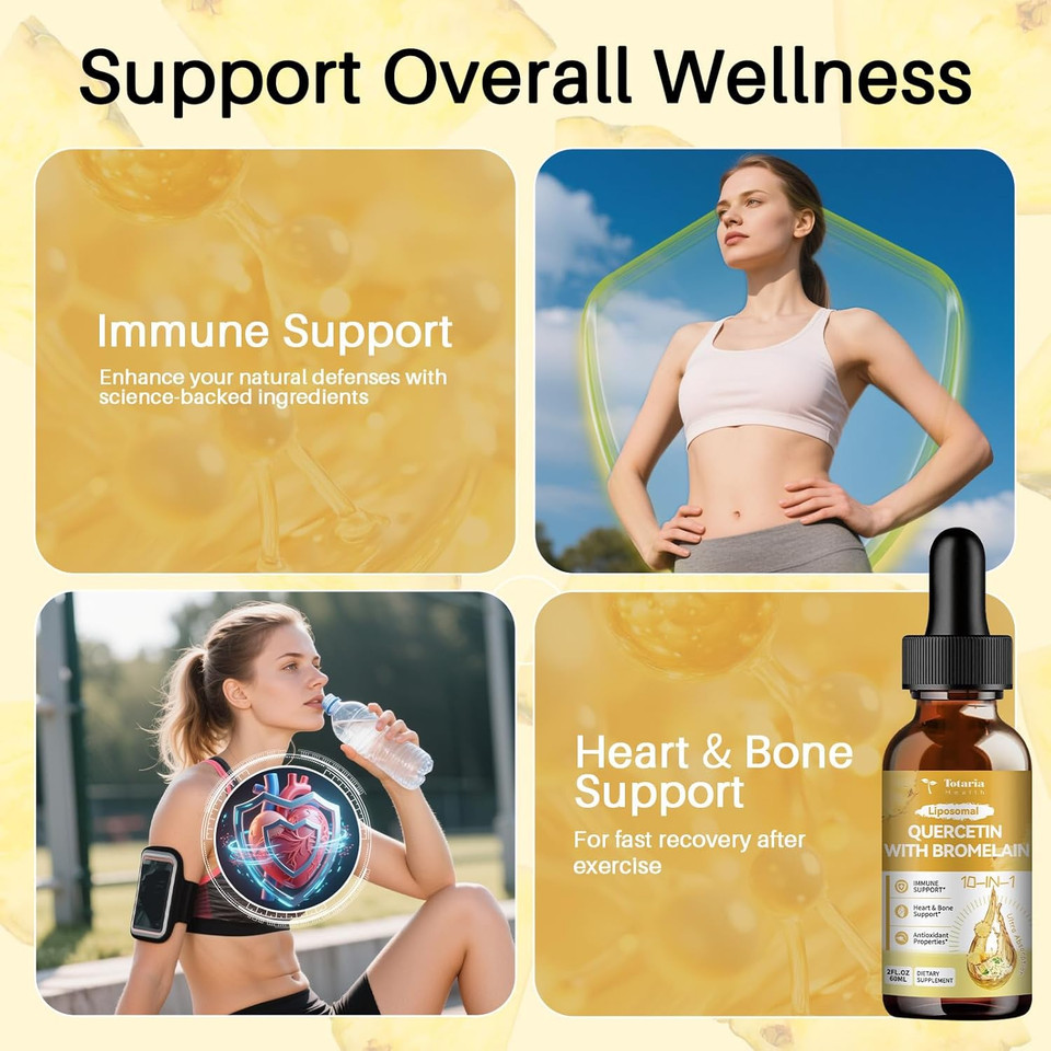 Liposomal Quercetin With Bromelain Liquid Drops - High Absorption Quercetin 1000Mg & Bromelain 500Mg Plus Elderberry,Vitamin C,Zinc For Immune & Antioxidant & Heart & Bone Support- 2 Fl Oz