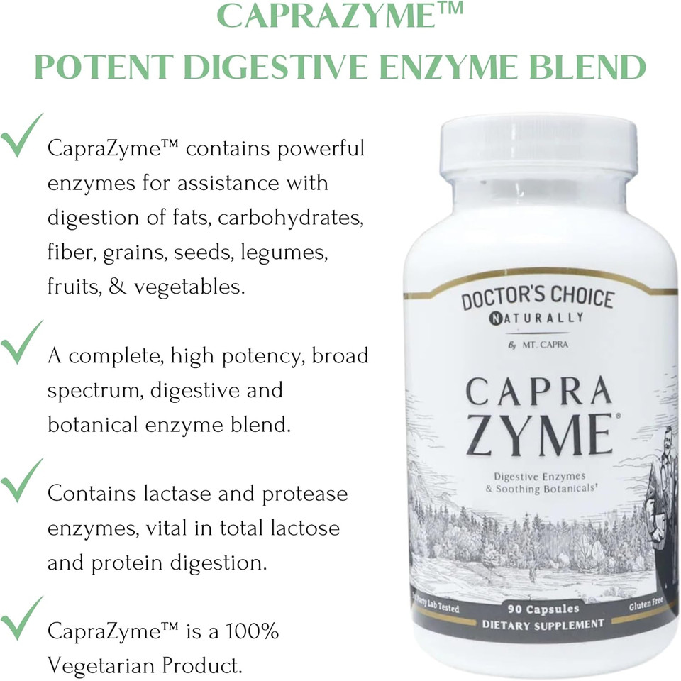 Caprazyme By Mt. Capra | Vegetarian Digestive Enzyme Supplement For Men And Women, Amylase, Lipase, Bromelain, Protease, With Botanical Blend Grapefruit, Ginger, And Turmeric | 90 Capsules