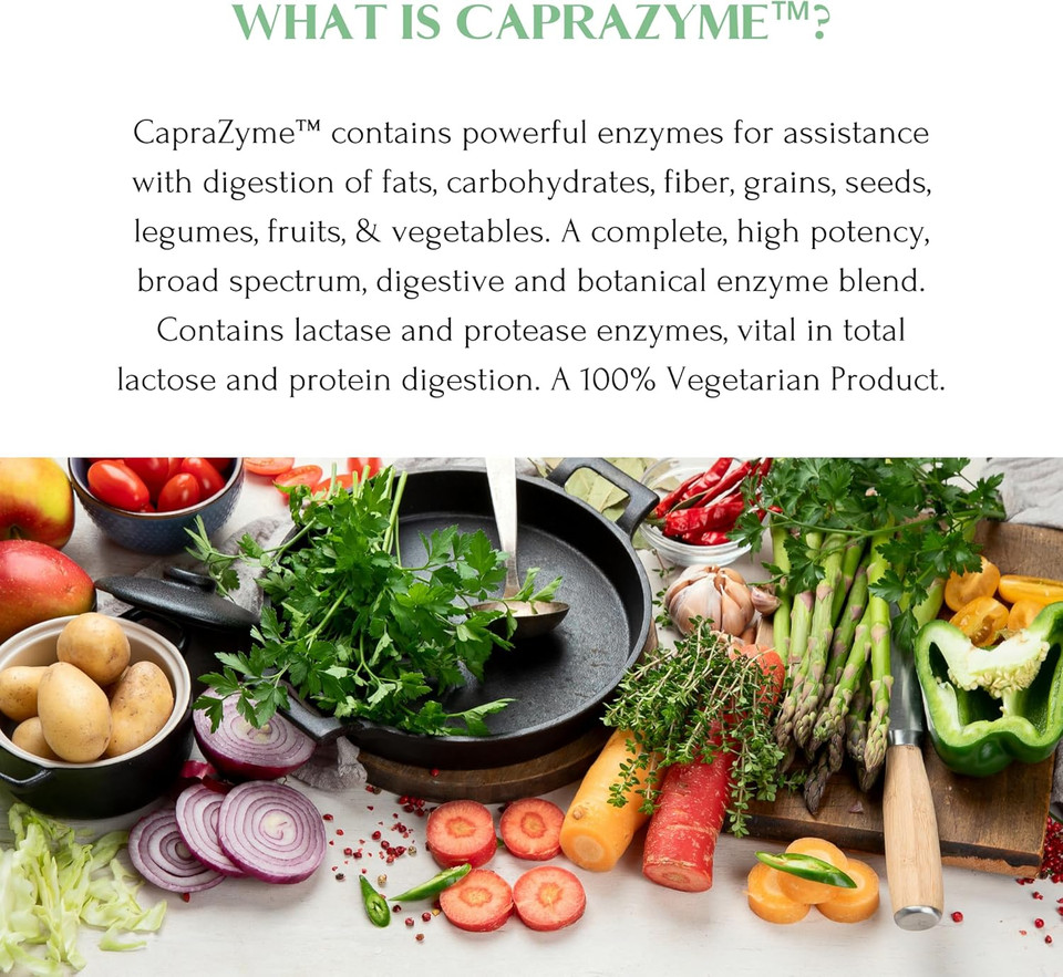 Caprazyme By Mt. Capra | Vegetarian Digestive Enzyme Supplement For Men And Women, Amylase, Lipase, Bromelain, Protease, With Botanical Blend Grapefruit, Ginger, And Turmeric | 90 Capsules