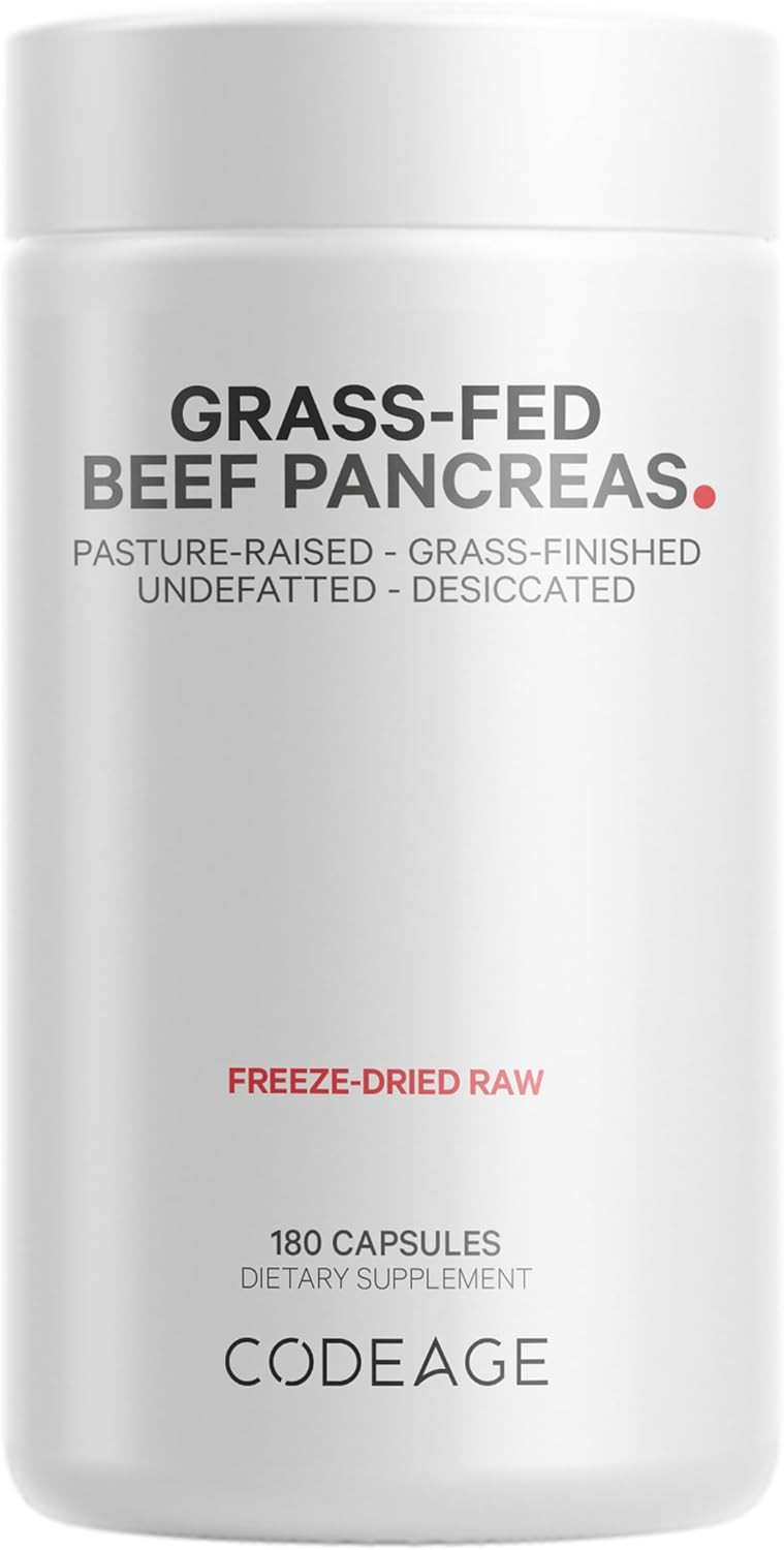 Codeage Grass Fed Beef Pancreas Supplement Glandulars - Freeze Dried, Non-Defatted Desiccated Beef Pancreas Pills  Pancreatic Enzymes Diet Meat - Pasture Raised Bovine Vitamins - 180 Capsules